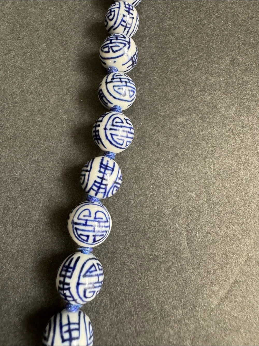 Vintage Chinese Shou Bead Necklace Blue White Porcelain Beaded Longevity 24